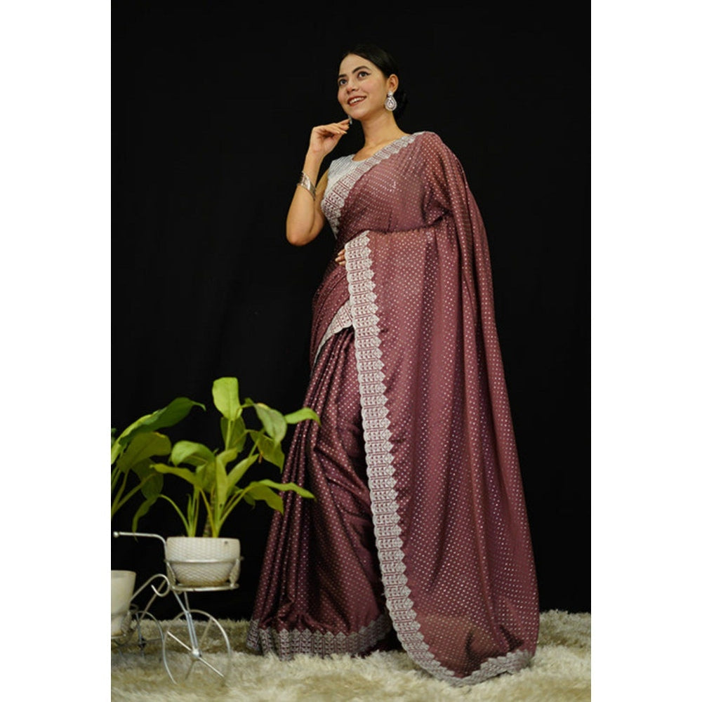 Isadora Life Womens Beads Sequined Brown Pre-Draped Saree with Unstitched Blouse