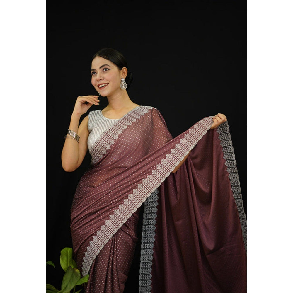 Isadora Life Womens Beads Sequined Brown Pre-Draped Saree with Unstitched Blouse