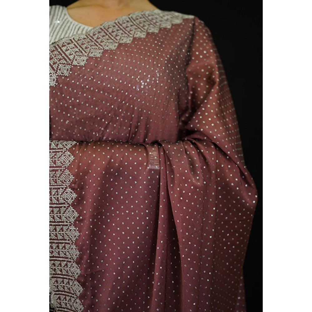 Isadora Life Womens Beads Sequined Brown Pre-Draped Saree with Unstitched Blouse