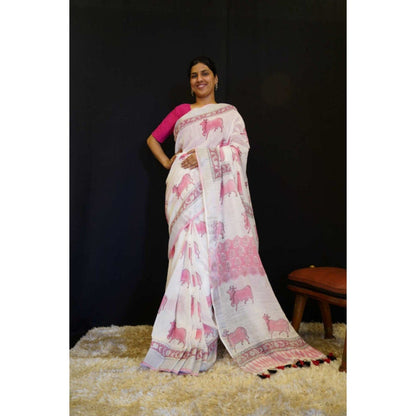 Isadora Life Womens Printed Tassels White Pre-Draped Saree with Unstitched Blouse