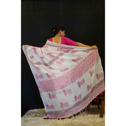 Isadora Life Womens Printed Tassels White Pre-Draped Saree with Unstitched Blouse