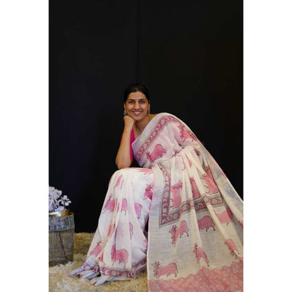 Isadora Life Womens Printed Tassels White Pre-Draped Saree with Unstitched Blouse