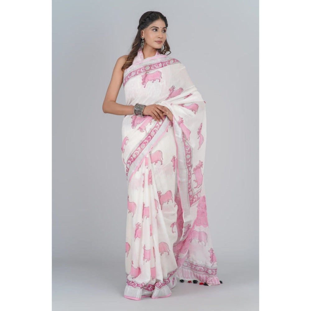 Isadora Life Womens Printed Tassels White Pre-Draped Saree with Unstitched Blouse