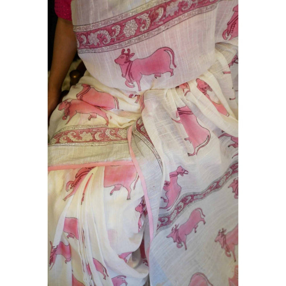 Isadora Life Womens Printed Tassels White Pre-Draped Saree with Unstitched Blouse