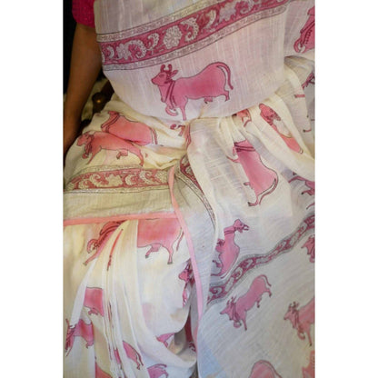 Isadora Life Womens Printed Tassels White Pre-Draped Saree with Unstitched Blouse