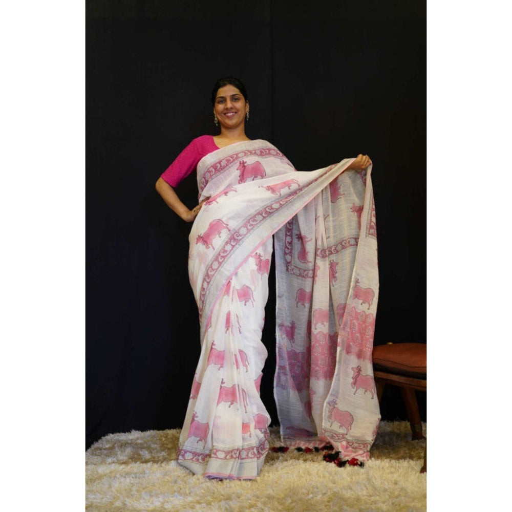 Isadora Life Womens Printed Tassels White Pre-Draped Saree with Unstitched Blouse