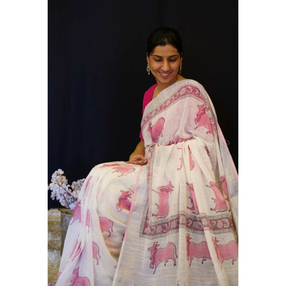Isadora Life Womens Printed Tassels White Pre-Draped Saree with Unstitched Blouse