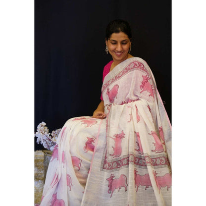 Isadora Life Womens Printed Tassels White Pre-Draped Saree with Unstitched Blouse
