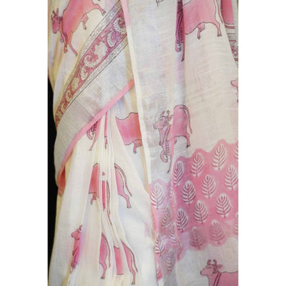 Isadora Life Womens Printed Tassels White Pre-Draped Saree with Unstitched Blouse