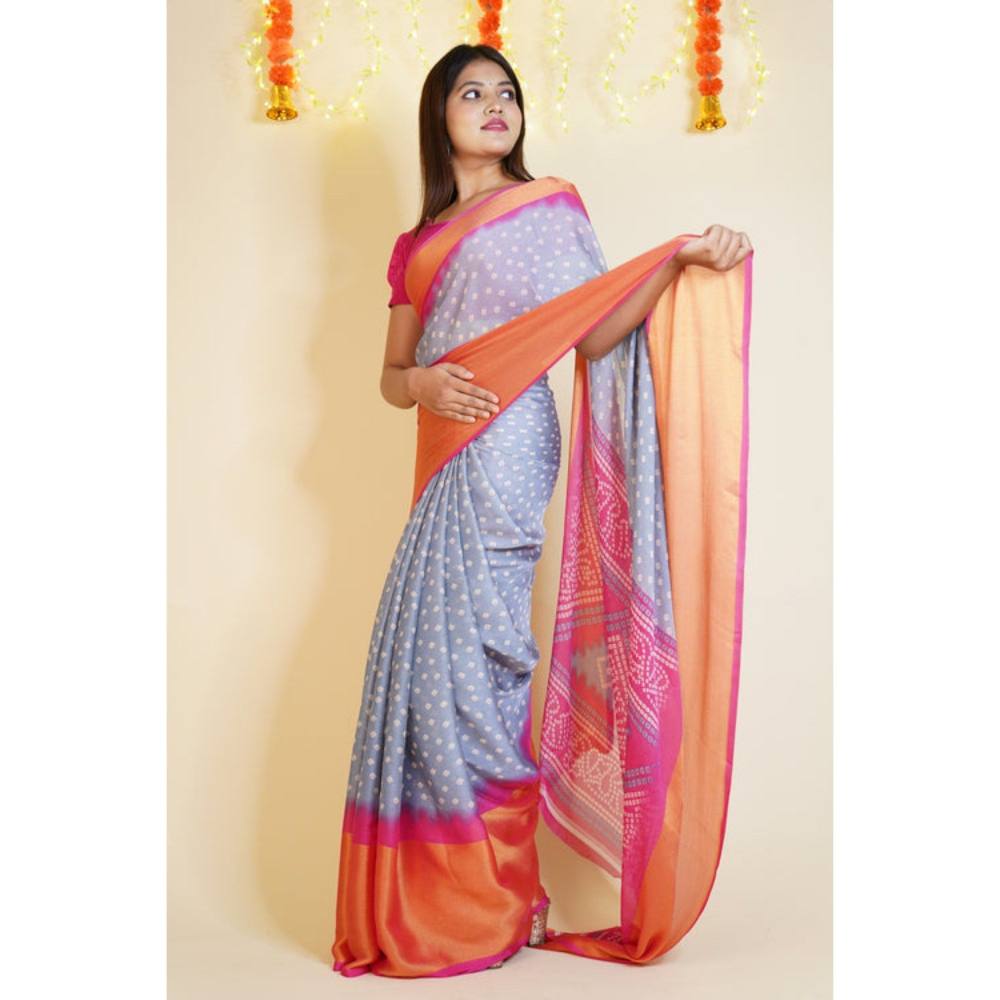 Isadora Life Womens Bandhani Printed Multi-Color Pre-Draped Saree with Unstitched Blouse