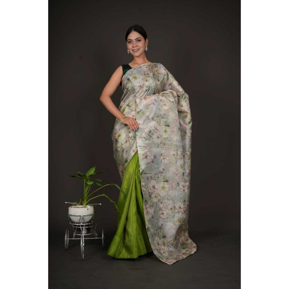 Isadora Life Womens Floral Embroidered Green Pre-Draped Saree with Unstitched Blouse