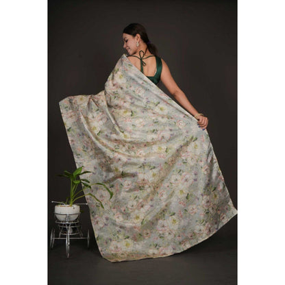 Isadora Life Womens Floral Embroidered Green Pre-Draped Saree with Unstitched Blouse