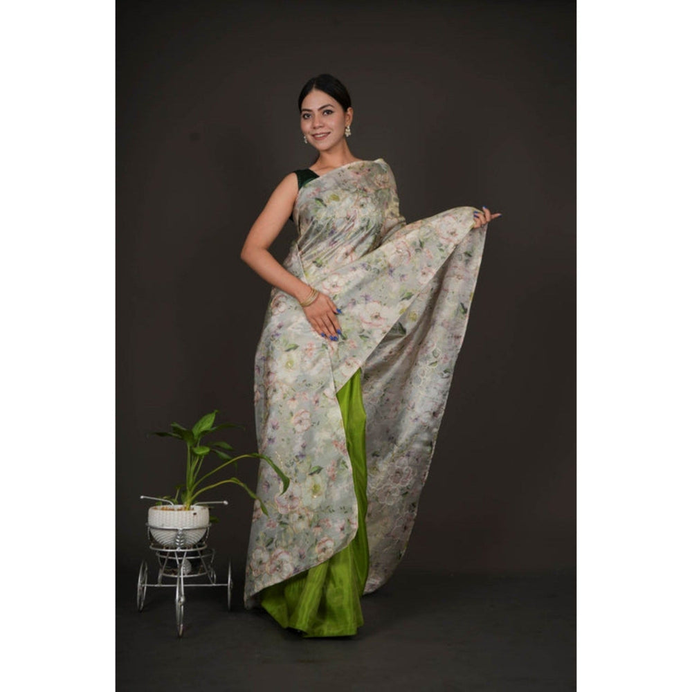 Isadora Life Womens Floral Embroidered Green Pre-Draped Saree with Unstitched Blouse