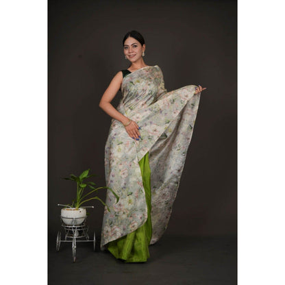 Isadora Life Womens Floral Embroidered Green Pre-Draped Saree with Unstitched Blouse