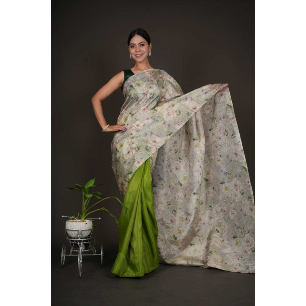 Isadora Life Womens Floral Embroidered Green Pre-Draped Saree with Unstitched Blouse