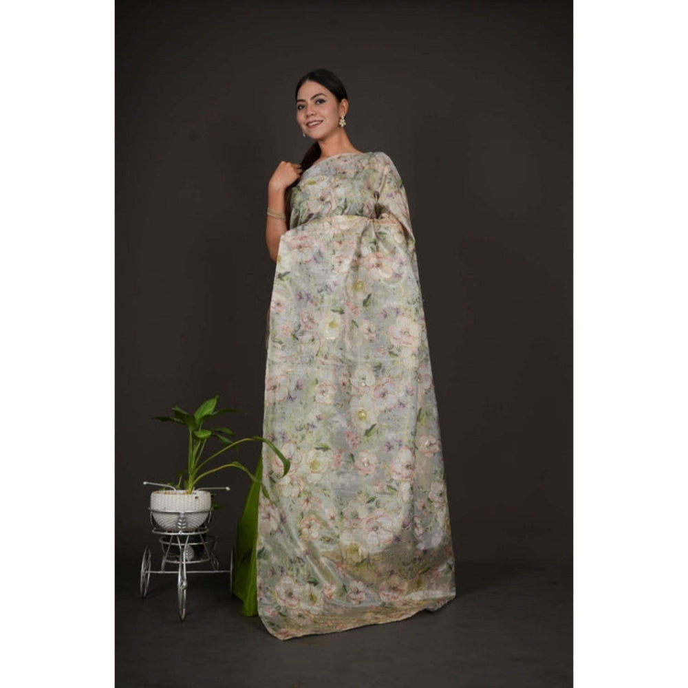 Isadora Life Womens Floral Embroidered Green Pre-Draped Saree with Unstitched Blouse