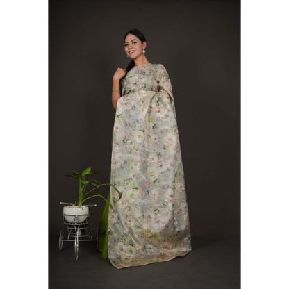 Isadora Life Womens Floral Embroidered Green Pre-Draped Saree with Unstitched Blouse