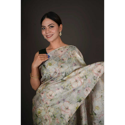 Isadora Life Womens Floral Embroidered Green Pre-Draped Saree with Unstitched Blouse