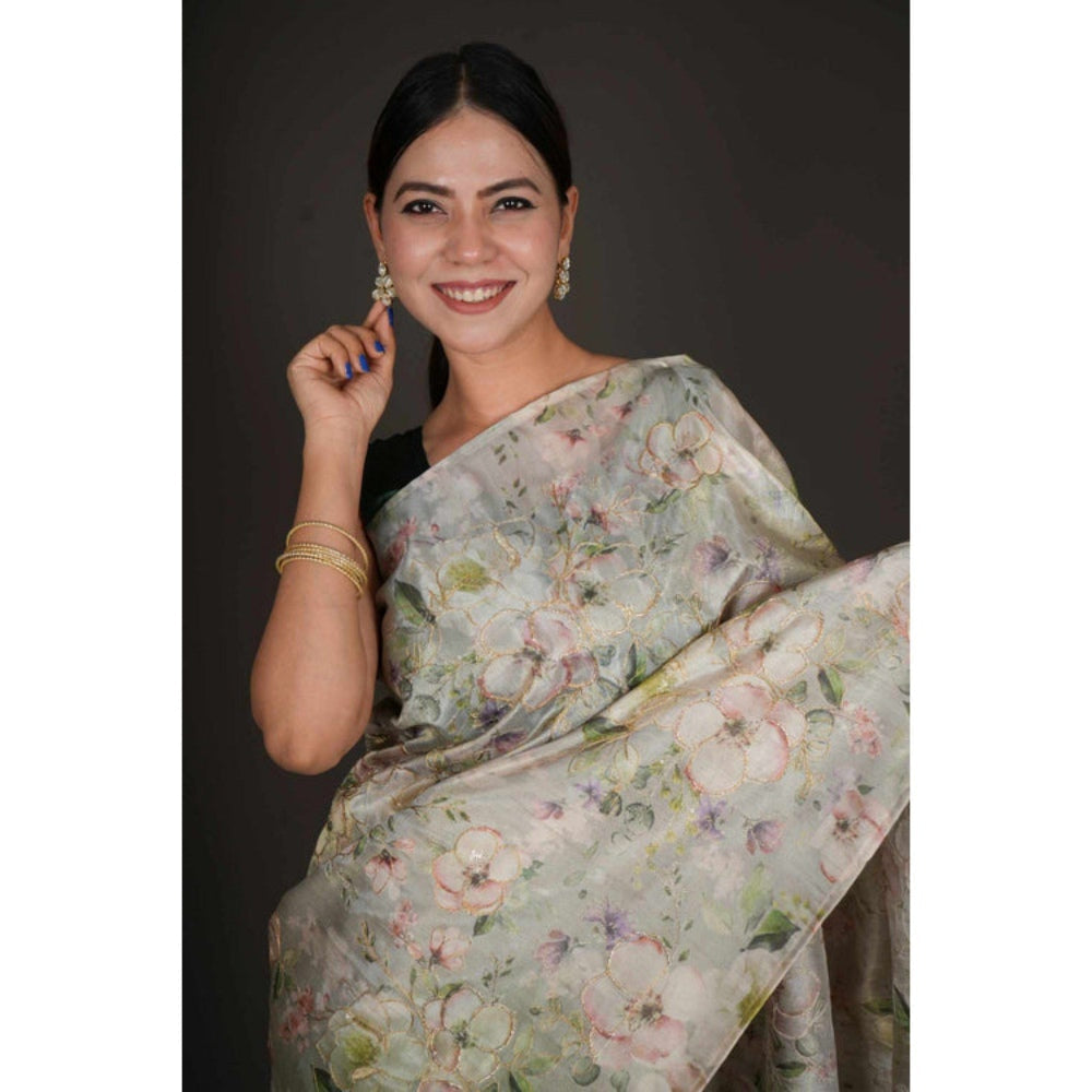 Isadora Life Womens Floral Embroidered Green Pre-Draped Saree with Unstitched Blouse