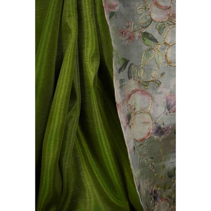 Isadora Life Womens Floral Embroidered Green Pre-Draped Saree with Unstitched Blouse