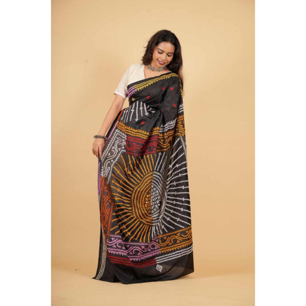 Isadora Life Womens Printed Black Pre-Draped Saree with Unstitched Blouse
