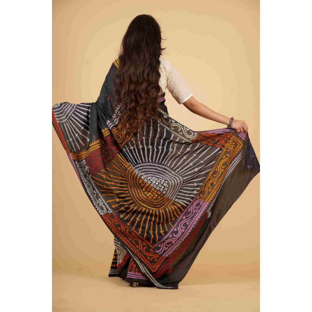 Isadora Life Womens Printed Black Pre-Draped Saree with Unstitched Blouse