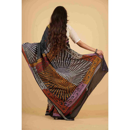 Isadora Life Womens Printed Black Pre-Draped Saree with Unstitched Blouse