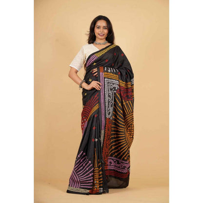 Isadora Life Womens Printed Black Pre-Draped Saree with Unstitched Blouse