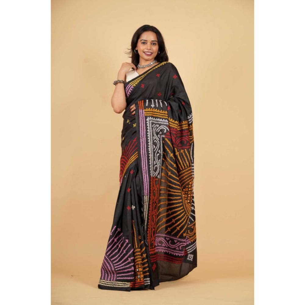 Isadora Life Womens Printed Black Pre-Draped Saree with Unstitched Blouse