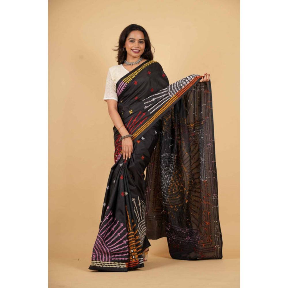 Isadora Life Womens Printed Black Pre-Draped Saree with Unstitched Blouse