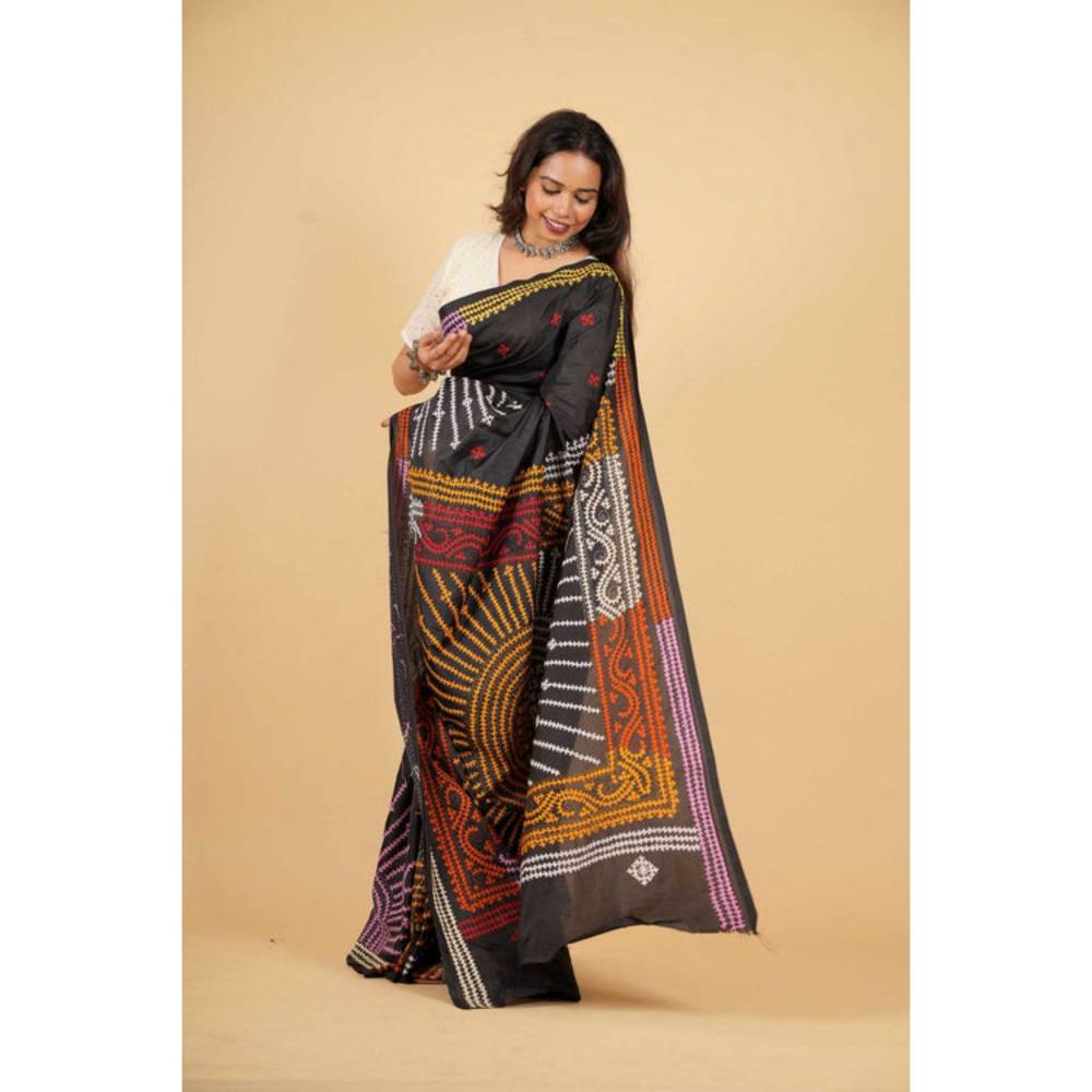 Isadora Life Womens Printed Black Pre-Draped Saree with Unstitched Blouse