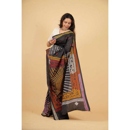 Isadora Life Womens Printed Black Pre-Draped Saree with Unstitched Blouse