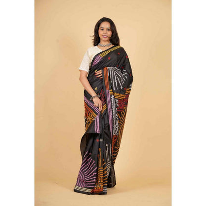 Isadora Life Womens Printed Black Pre-Draped Saree with Unstitched Blouse