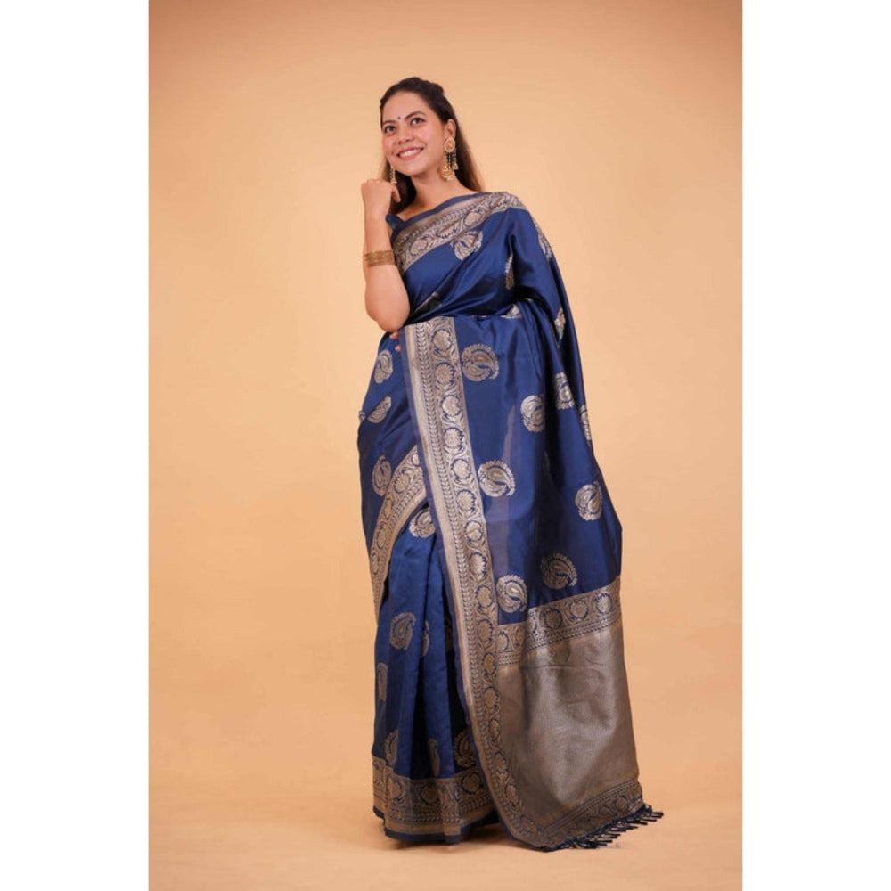 Isadora Life Womens Paisley Zari Blue Pre-Draped Saree with Unstitched Blouse