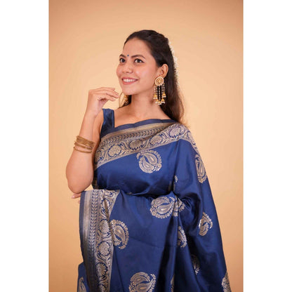 Isadora Life Womens Paisley Zari Blue Pre-Draped Saree with Unstitched Blouse
