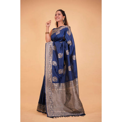 Isadora Life Womens Paisley Zari Blue Pre-Draped Saree with Unstitched Blouse