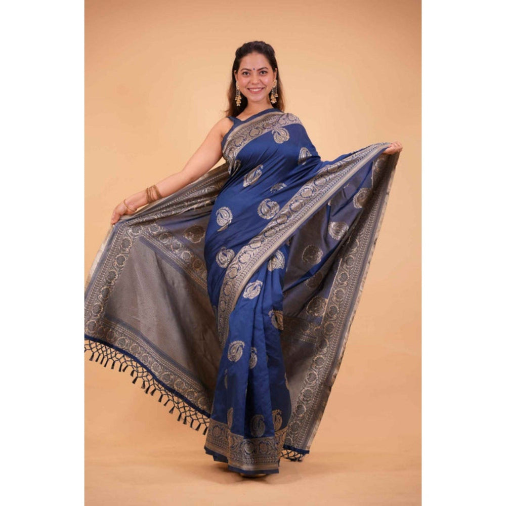 Isadora Life Womens Paisley Zari Blue Pre-Draped Saree with Unstitched Blouse