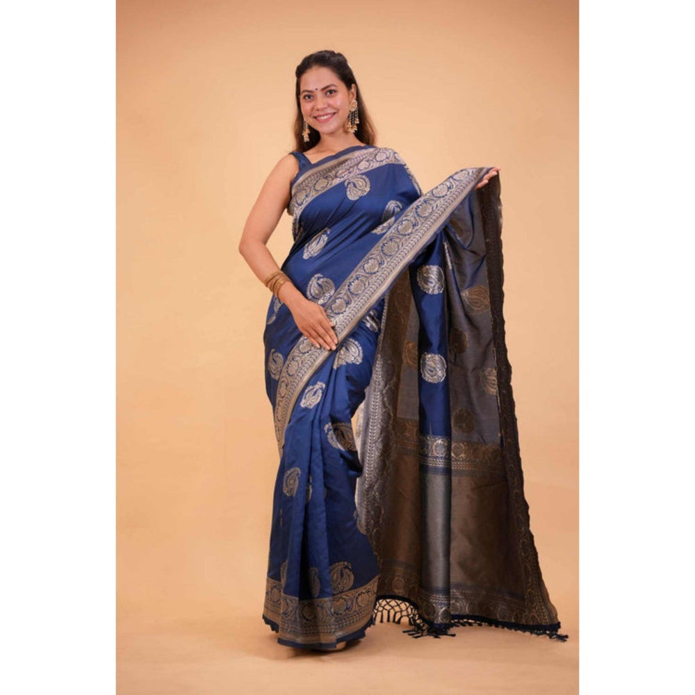 Isadora Life Womens Paisley Zari Blue Pre-Draped Saree with Unstitched Blouse