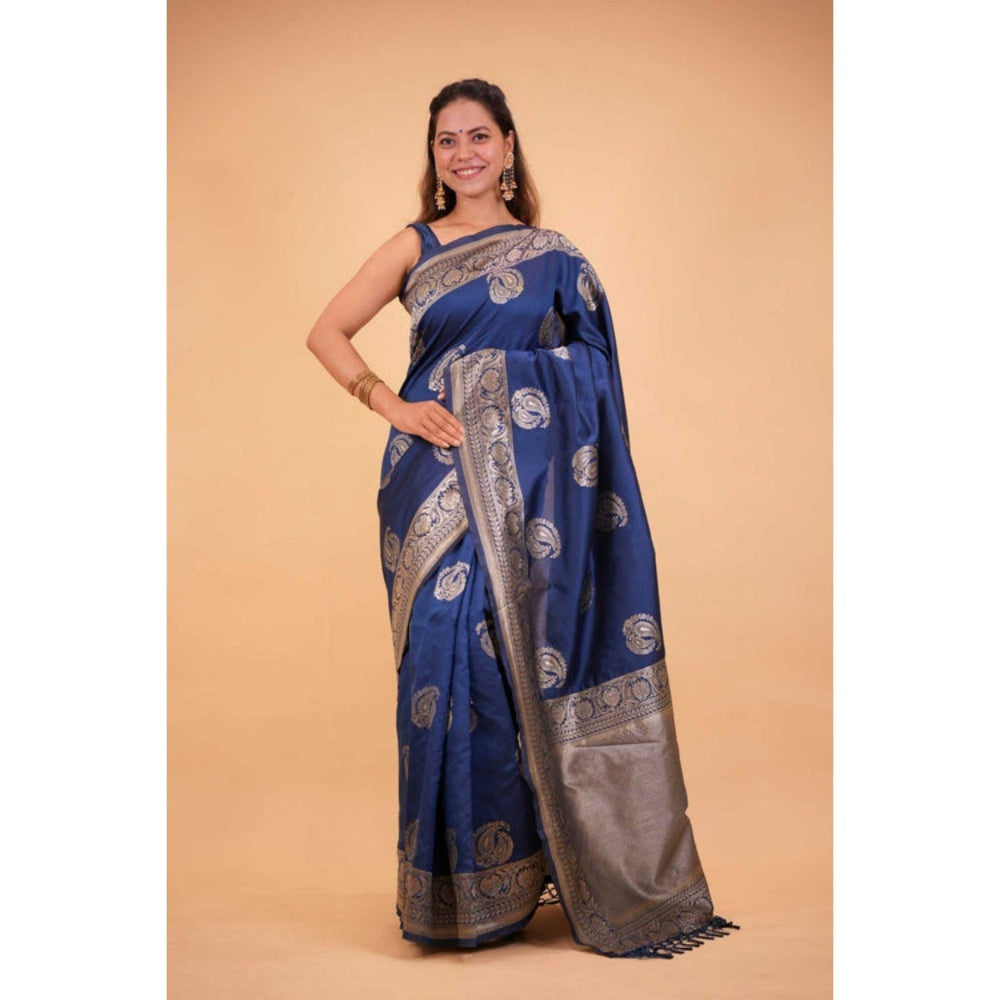 Isadora Life Womens Paisley Zari Blue Pre-Draped Saree with Unstitched Blouse