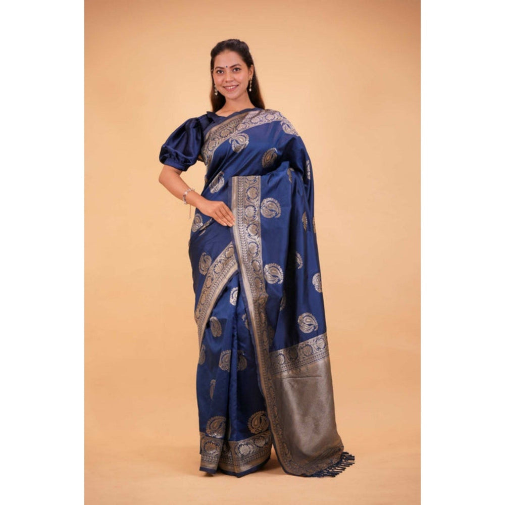 Isadora Life Womens Paisley Zari Blue Pre-Draped Saree with Unstitched Blouse