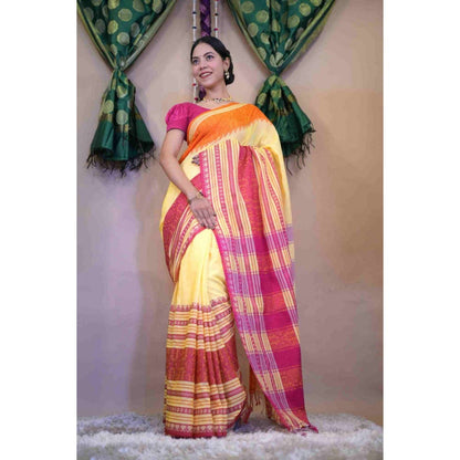 Isadora Life Womens Stripes Tassels Yellow Pre-Draped Saree with Unstitched Blouse