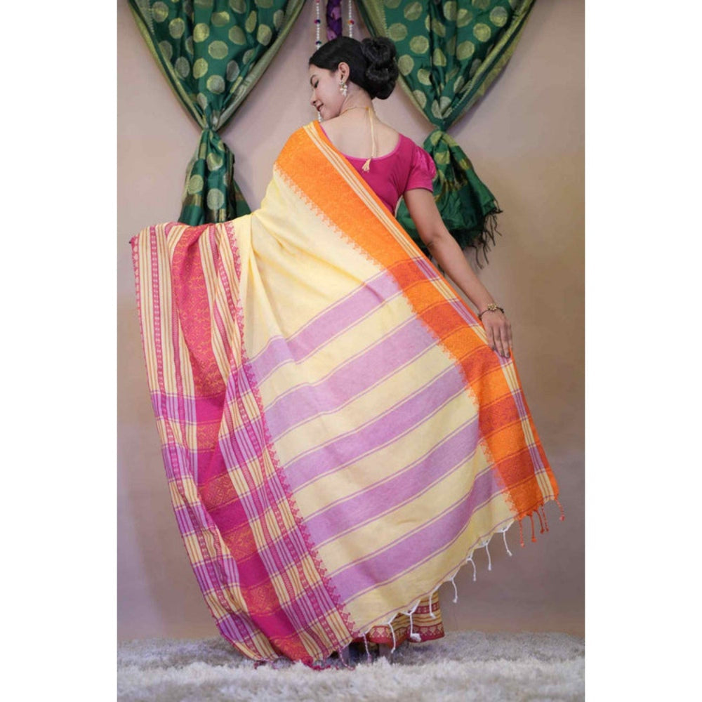Isadora Life Womens Stripes Tassels Yellow Pre-Draped Saree with Unstitched Blouse