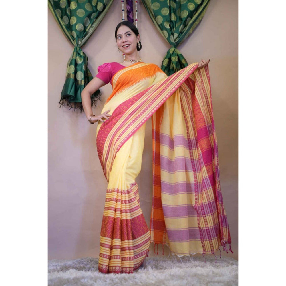 Isadora Life Womens Stripes Tassels Yellow Pre-Draped Saree with Unstitched Blouse
