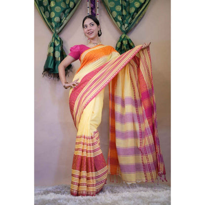Isadora Life Womens Stripes Tassels Yellow Pre-Draped Saree with Unstitched Blouse