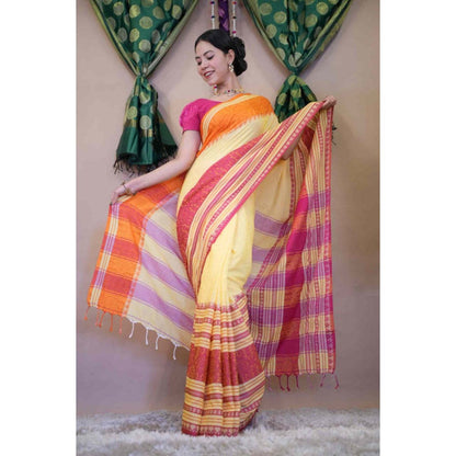Isadora Life Womens Stripes Tassels Yellow Pre-Draped Saree with Unstitched Blouse