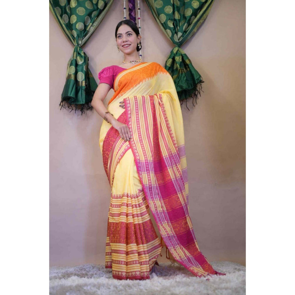 Isadora Life Womens Stripes Tassels Yellow Pre-Draped Saree with Unstitched Blouse