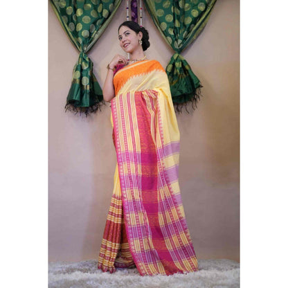 Isadora Life Womens Stripes Tassels Yellow Pre-Draped Saree with Unstitched Blouse