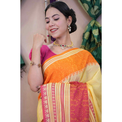 Isadora Life Womens Stripes Tassels Yellow Pre-Draped Saree with Unstitched Blouse