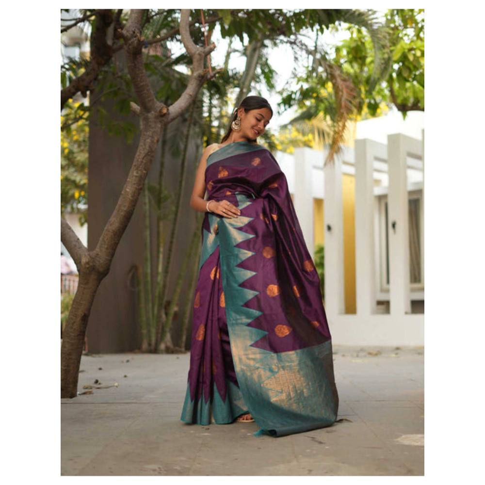 Isadora Life Womens Woven Zari Purple Pre-Draped Saree with Unstitched Blouse