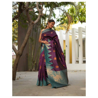 Isadora Life Womens Woven Zari Purple Pre-Draped Saree with Unstitched Blouse